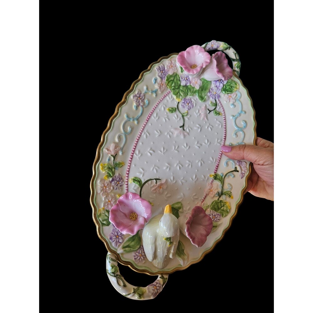 Vintage Avon Springtime Easter Platter, Bird & Floral Handled Dish 13.5” x 7.75”